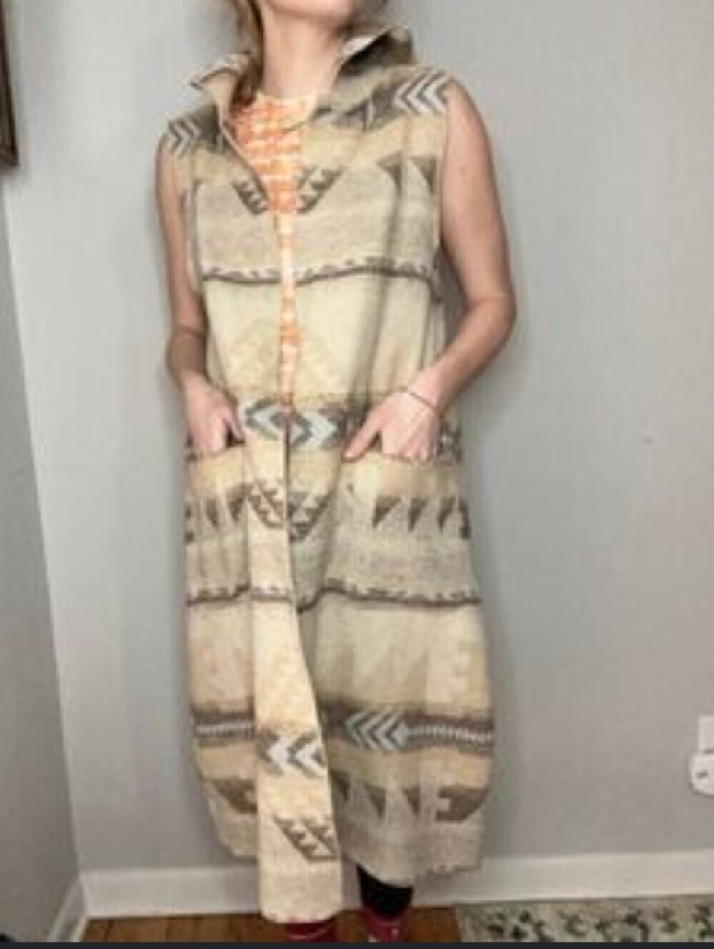 dylan Cream and Tan Aztec Long Sleeveless Cardigan